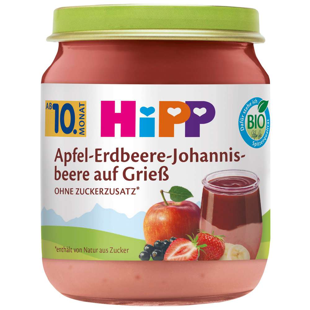 Produktabbildung Hipp Bio-Babynahrung, Früchtebrei, Apfel-Erdbeere-Johannisbeere auf Grieß