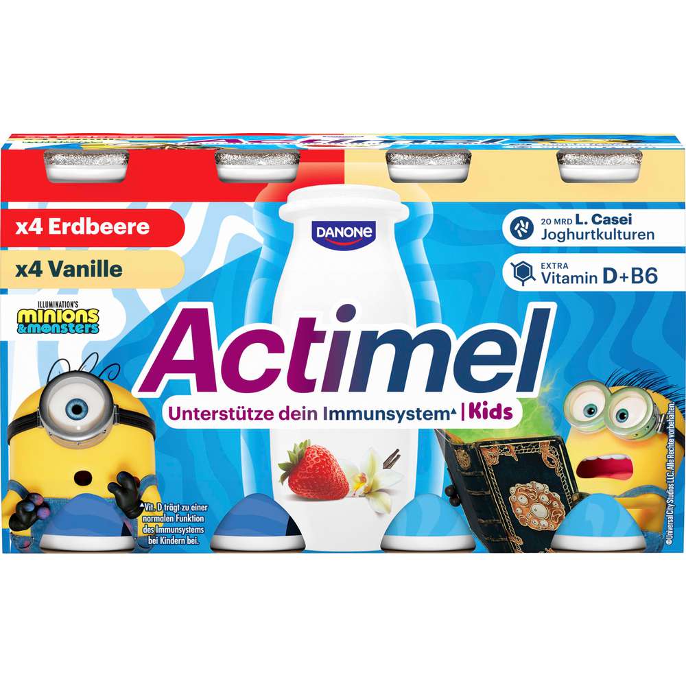Produktabbildung Danone Actimel Trinkjoghurt Kids, Vanille und Erdbeere