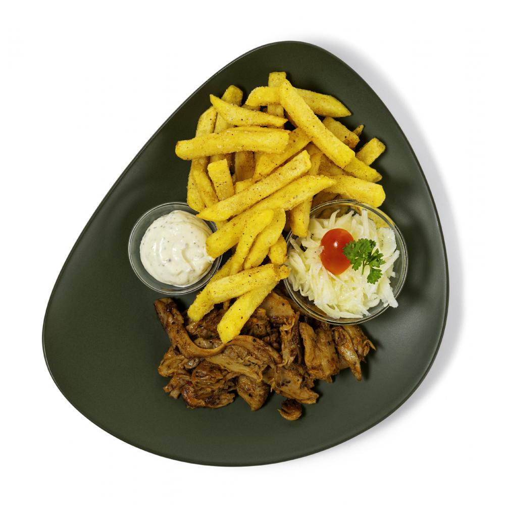Produktabbildung GLOBUS Tagesgericht Dienstag: Junge Küche: Vegetarisches Pfannengyros dazu Tzatziki, Pommes frites und Krautsalat