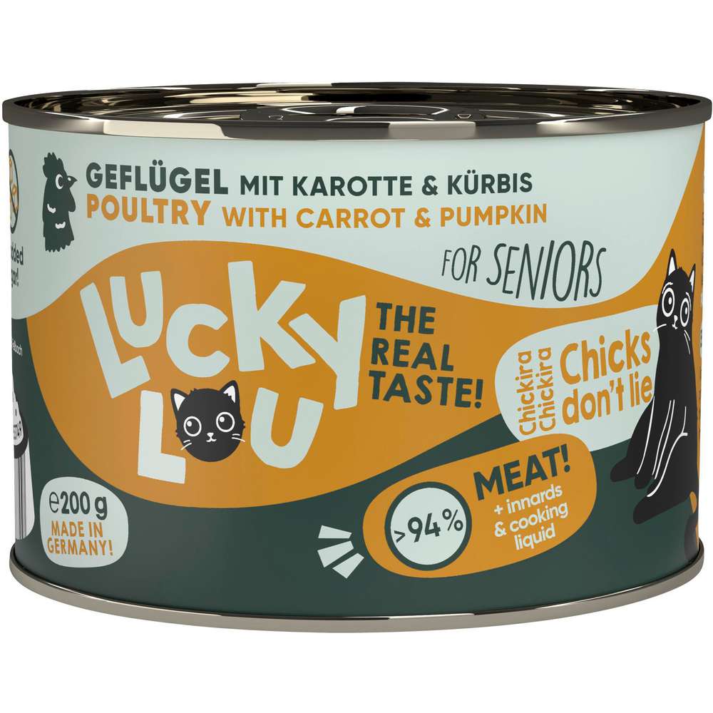 Produktabbildung Lucky Lou Katzen-Nassfutter Senior, Geflügel mit Karotten und Kürbis