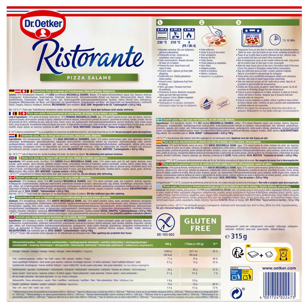 Produktabbildung Dr. Oetker Pizza Ristorante Salame, tiefgekühlt, glutenfrei
