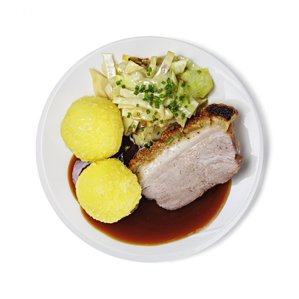 Produktabbildung  Mittwoch: Schweinekrustenbraten mit Bayrisch Kraut, dazu Klöße