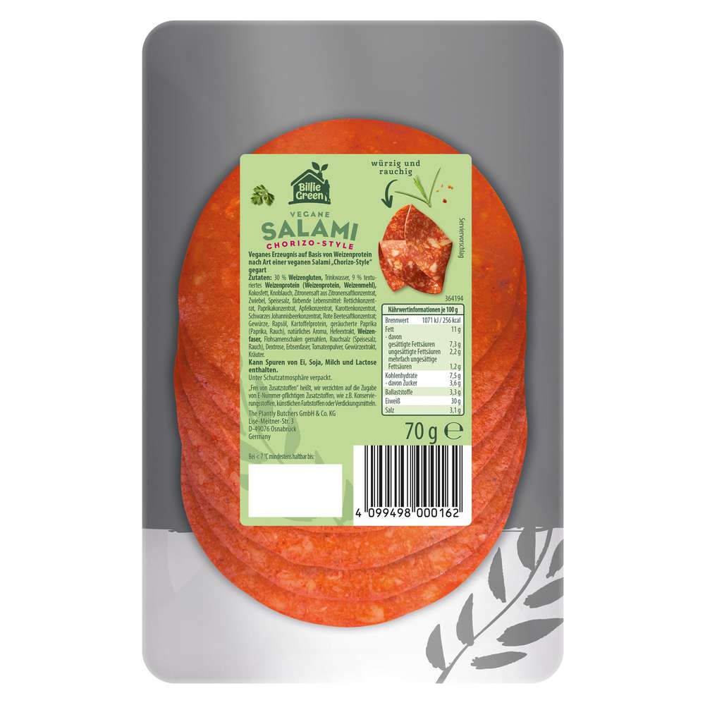 Produktabbildung Billie Green Vegane Salami, Chorizo-Style