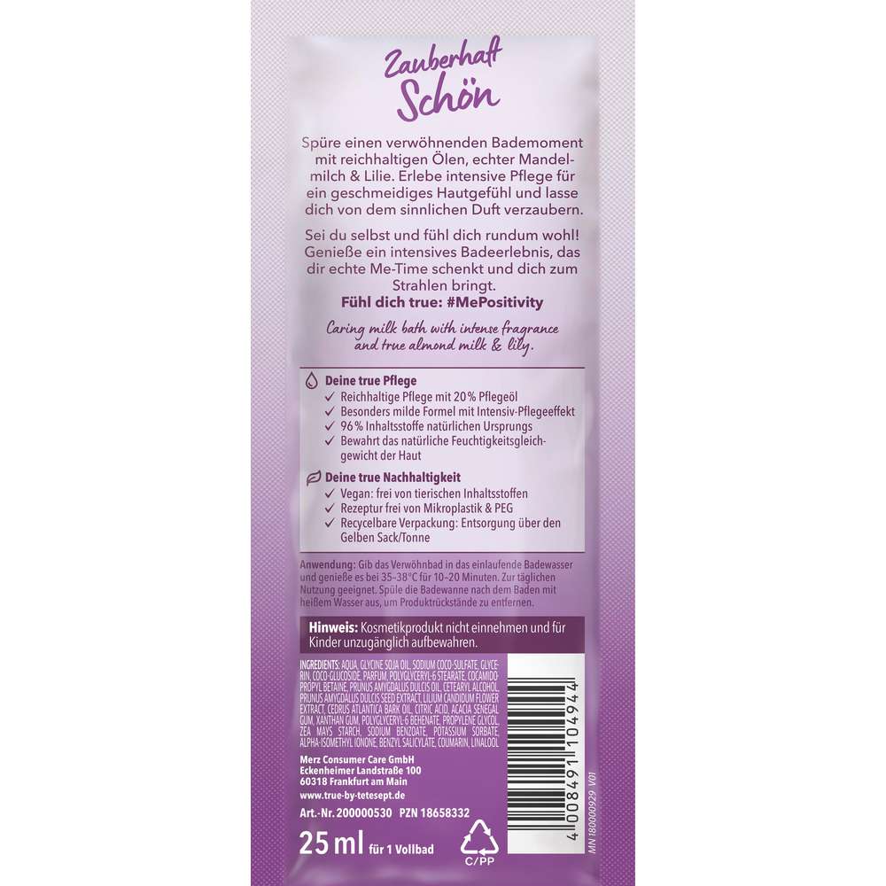 Produktabbildung true by tetesept Milchbad Zauberhaft Schön, Mandelmilch/Lilienblüte