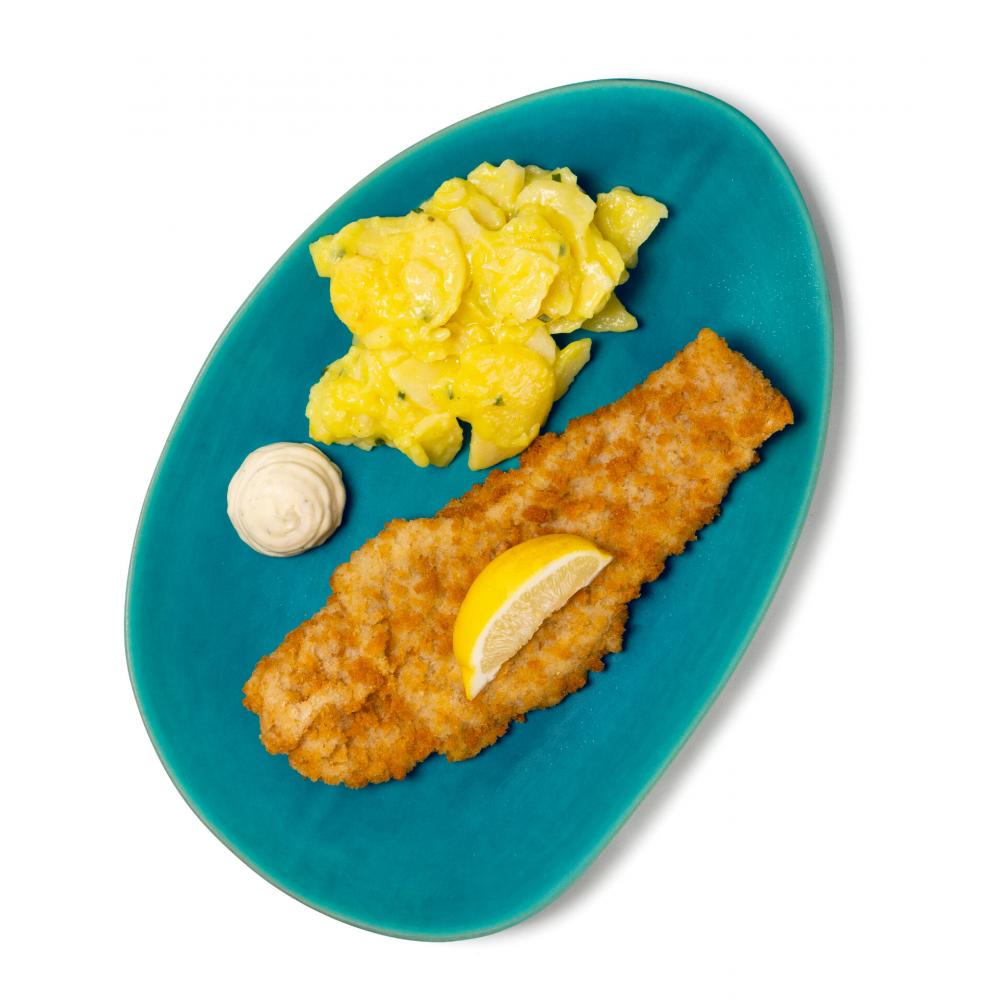 Produktabbildung GLOBUS Wochengericht Wochengericht: Seelachsfilet in Knusperpanade, mit Remouladensauce und Kartoffelsalat