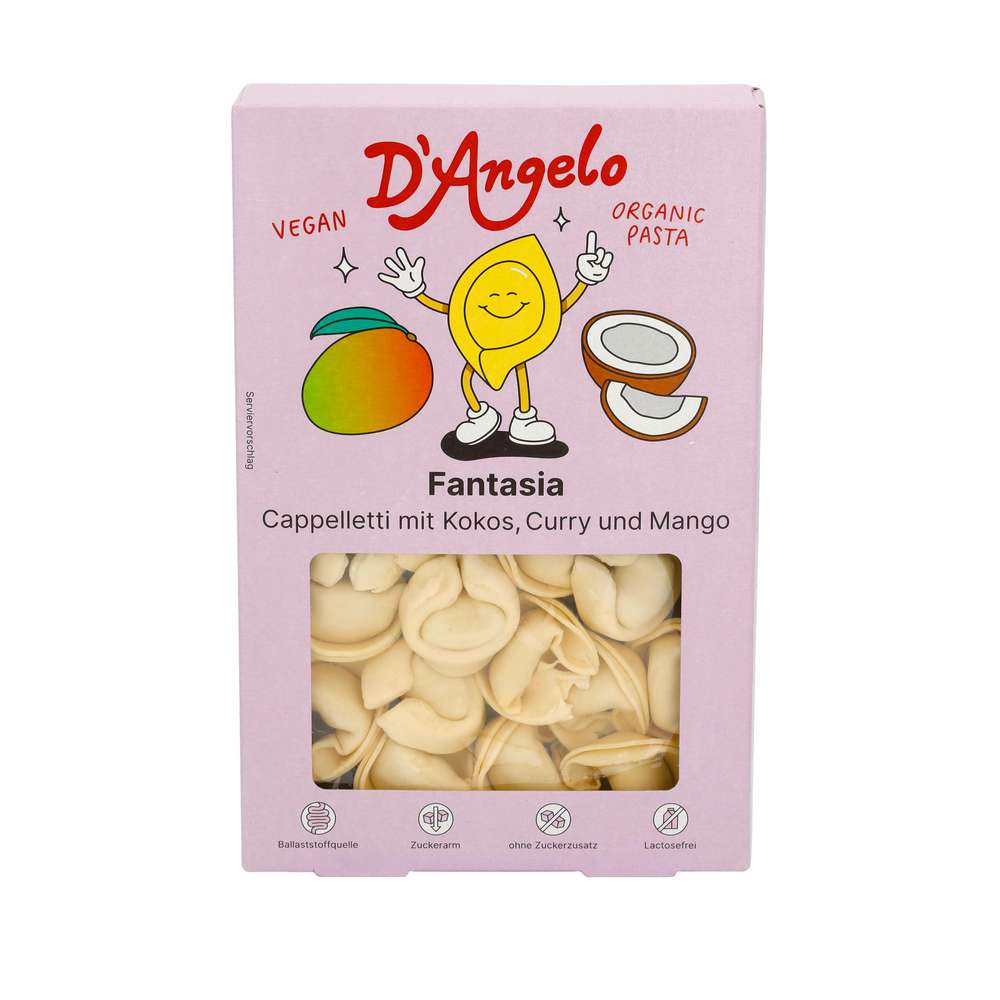 Produktabbildung D'Angelo Vegane Pasta Fantasia, Cappelletti mit Kokos/Curry/mANGO