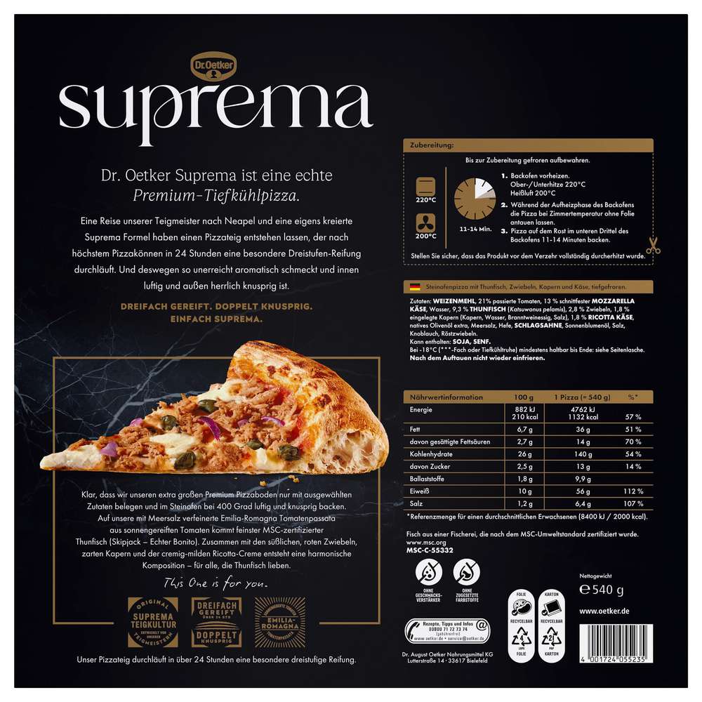 Produktabbildung Dr. Oetker Pizza Suprema Tonno, tiefgekühlt
