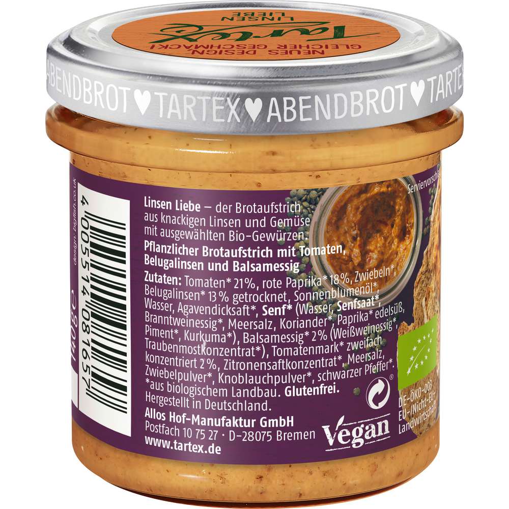 Produktabbildung Tartex Bio Brotaufstrich Linsen Liebe, Belualinse-Balsamico