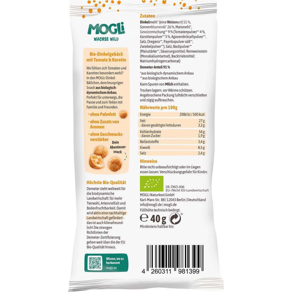 Produktabbildung MOGLi Bio Knabbergebäck Dinkelbällchen, Tomate/Karotte