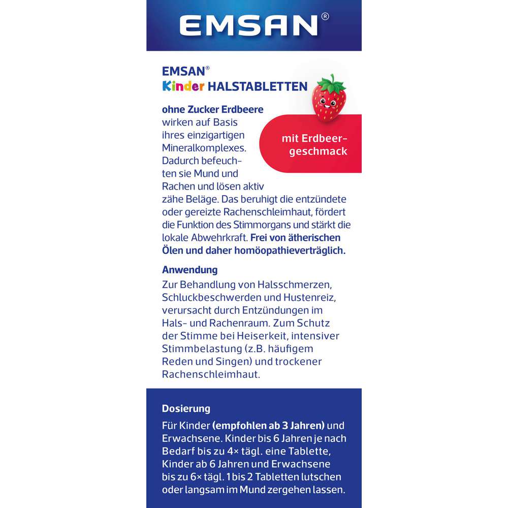 Produktabbildung Emsan Kinder Halstabletten Erdbeere ohne Zucker