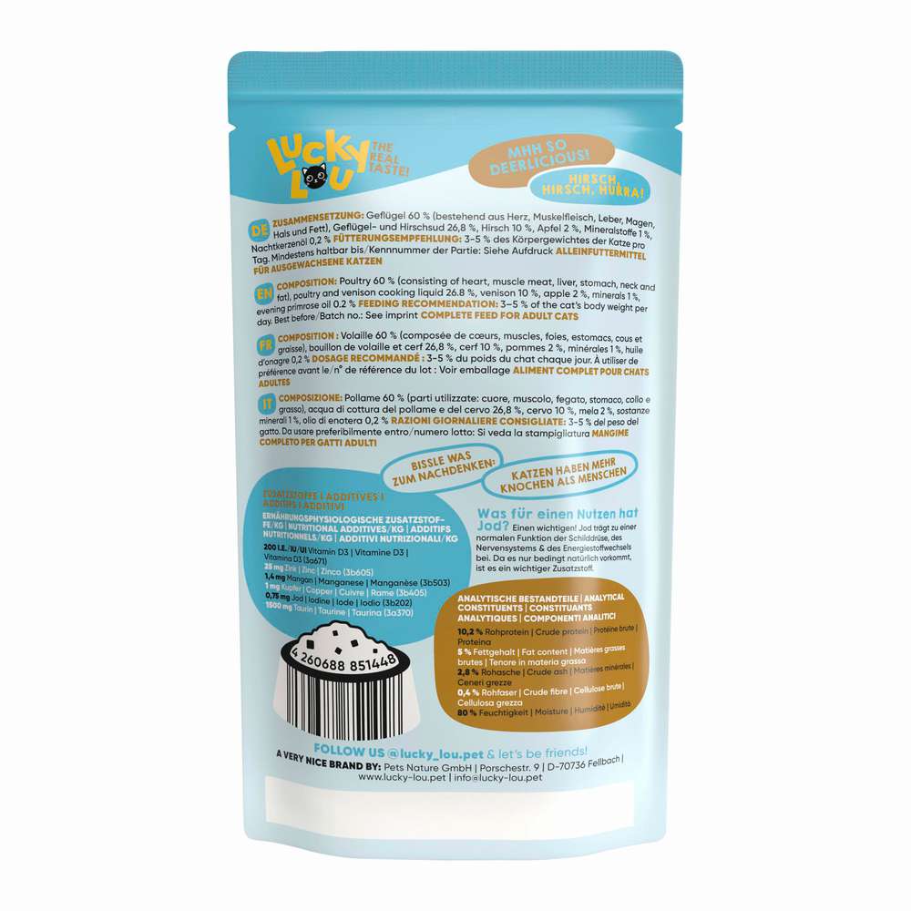 Produktabbildung Lucky Lou Katzen-Nassfutter, Geflügel & Hirsch mit Apfel