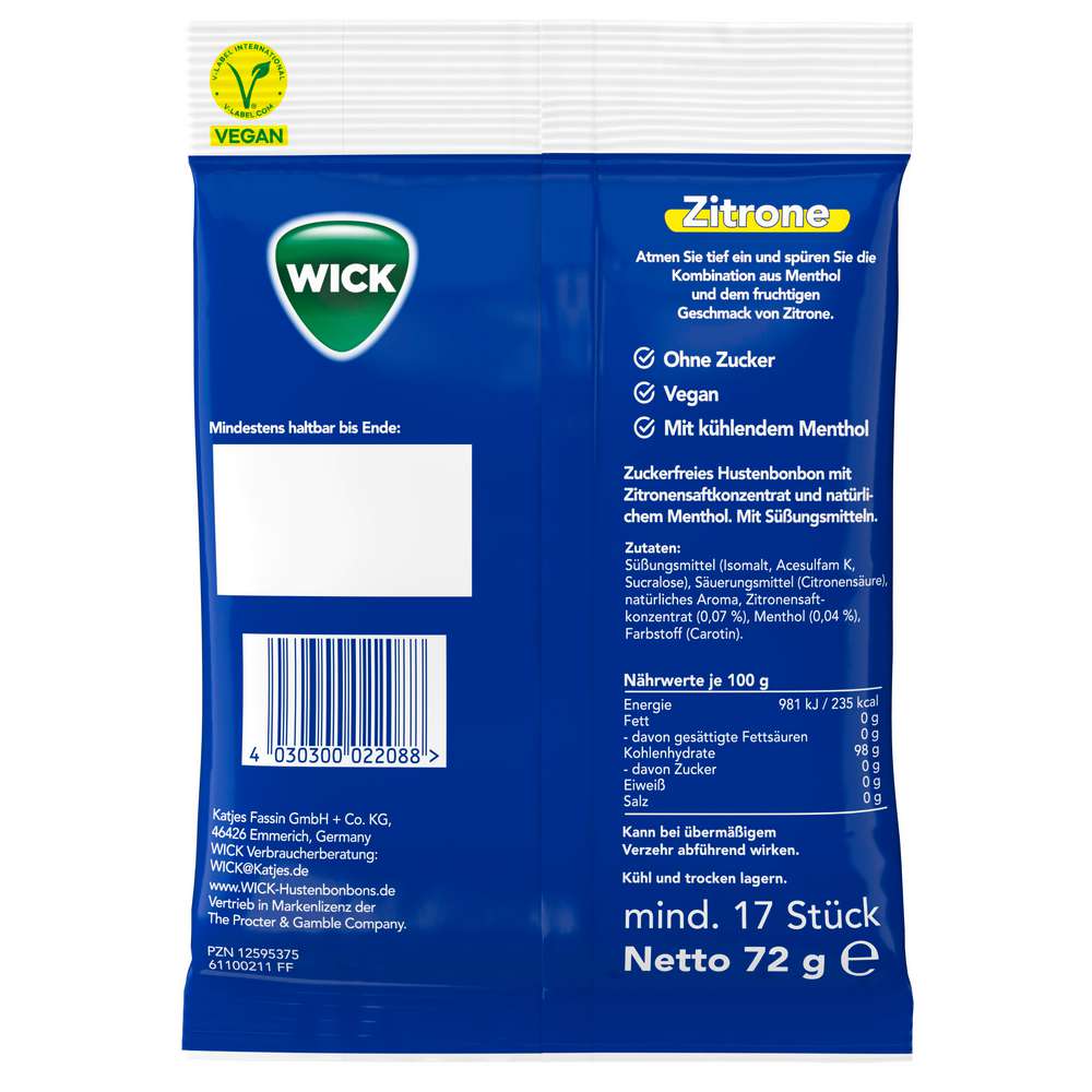 Produktabbildung Wick Bonbons Zitrone-Menthol, ohne Zucker