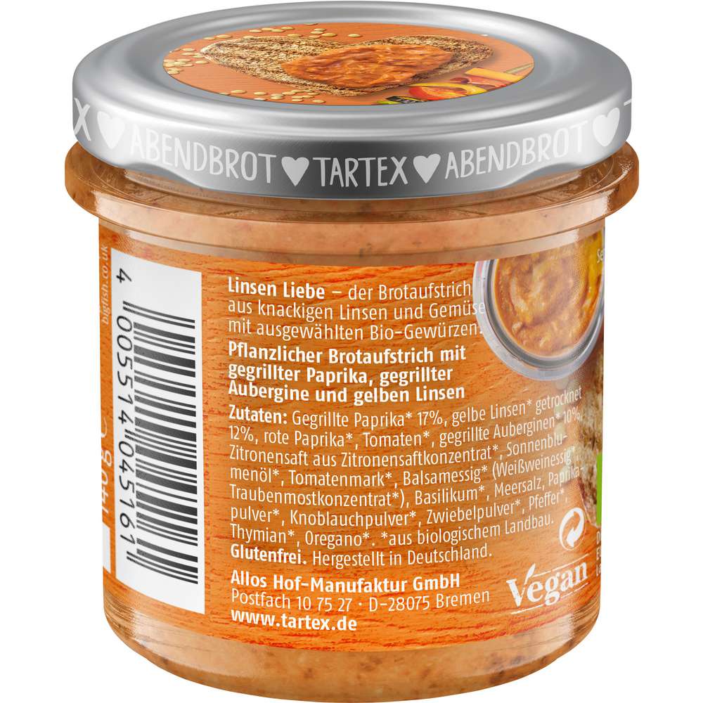 Produktabbildung Tartex Brotaufstrich Grillgemüse mit Linsen