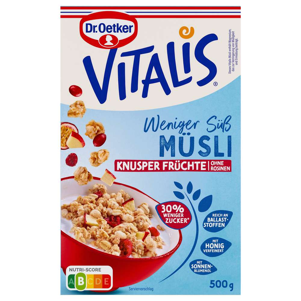 Produktabbildung Dr. Oetker Knusper Früchte-Müsli Vitalis, weniger süß, ohne Rosinen