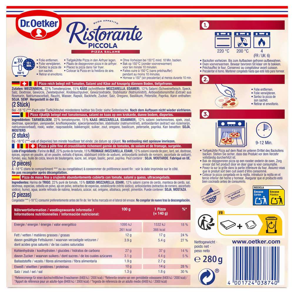 Produktabbildung Dr. Oetker Pizza Ristorante, Piccola Salame, tiefgekühlt