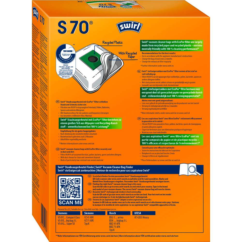 Produktabbildung Swirl Staubsauger-Beutel, S 70 Pure Air
