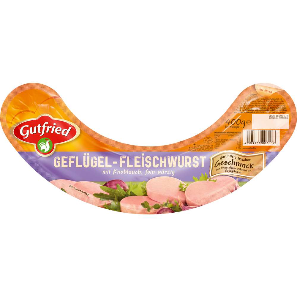 Produktabbildung Gutfried Geflügel Fleischwurst, Knoblauch