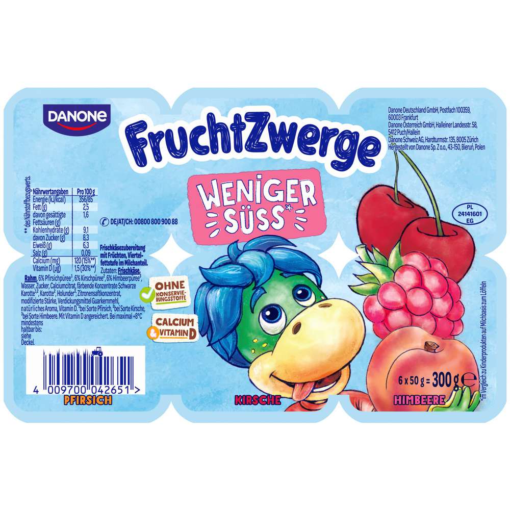 Produktabbildung Fruchtzwerge Fruchtquark weniger süß, Pfirsich/Kirsche/Himbeere