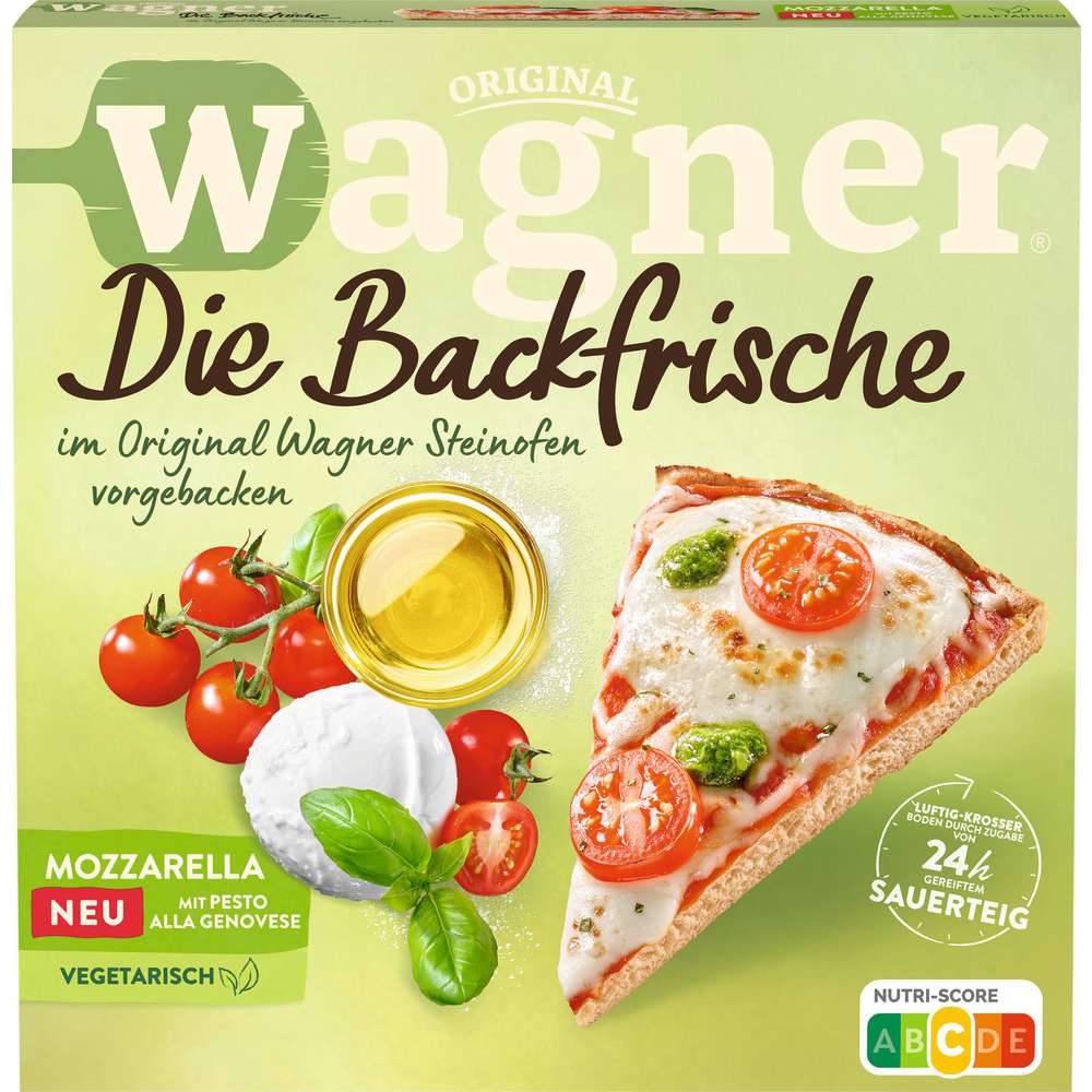 Produktabbildung Wagner Die Backfrische Pizza Mozzarella mit Kirschtomaten & Basilikumöl, tiefgekühlt