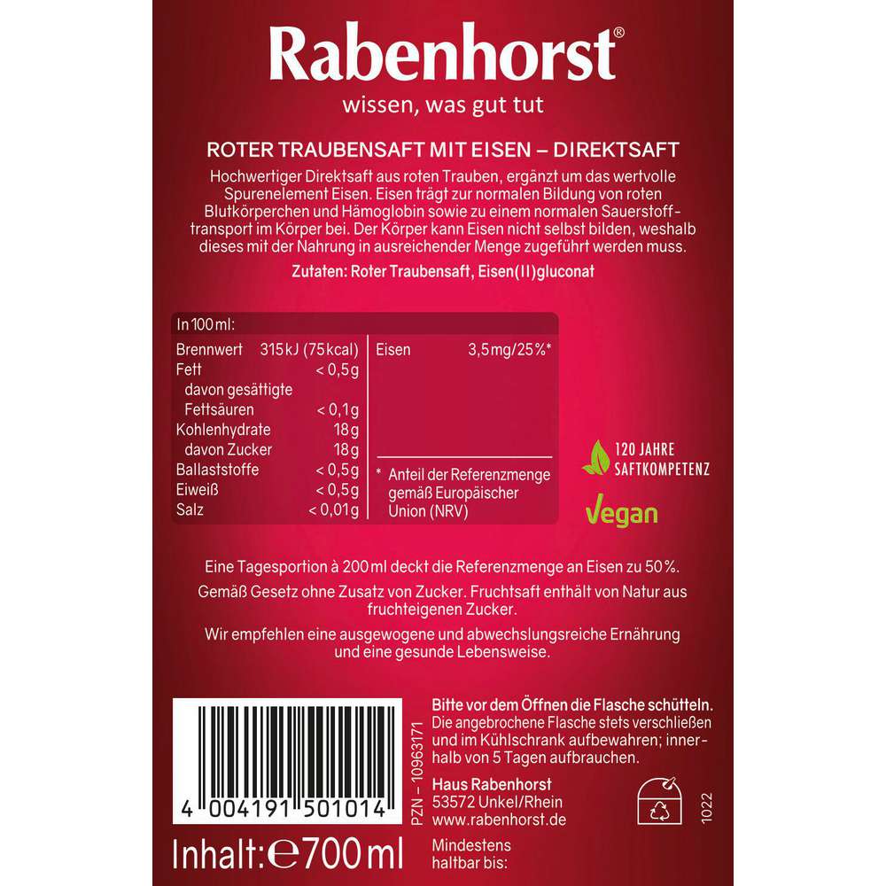 Produktabbildung Rabenhorst Roter Rabenhorster Traubensaft mit Eisen
