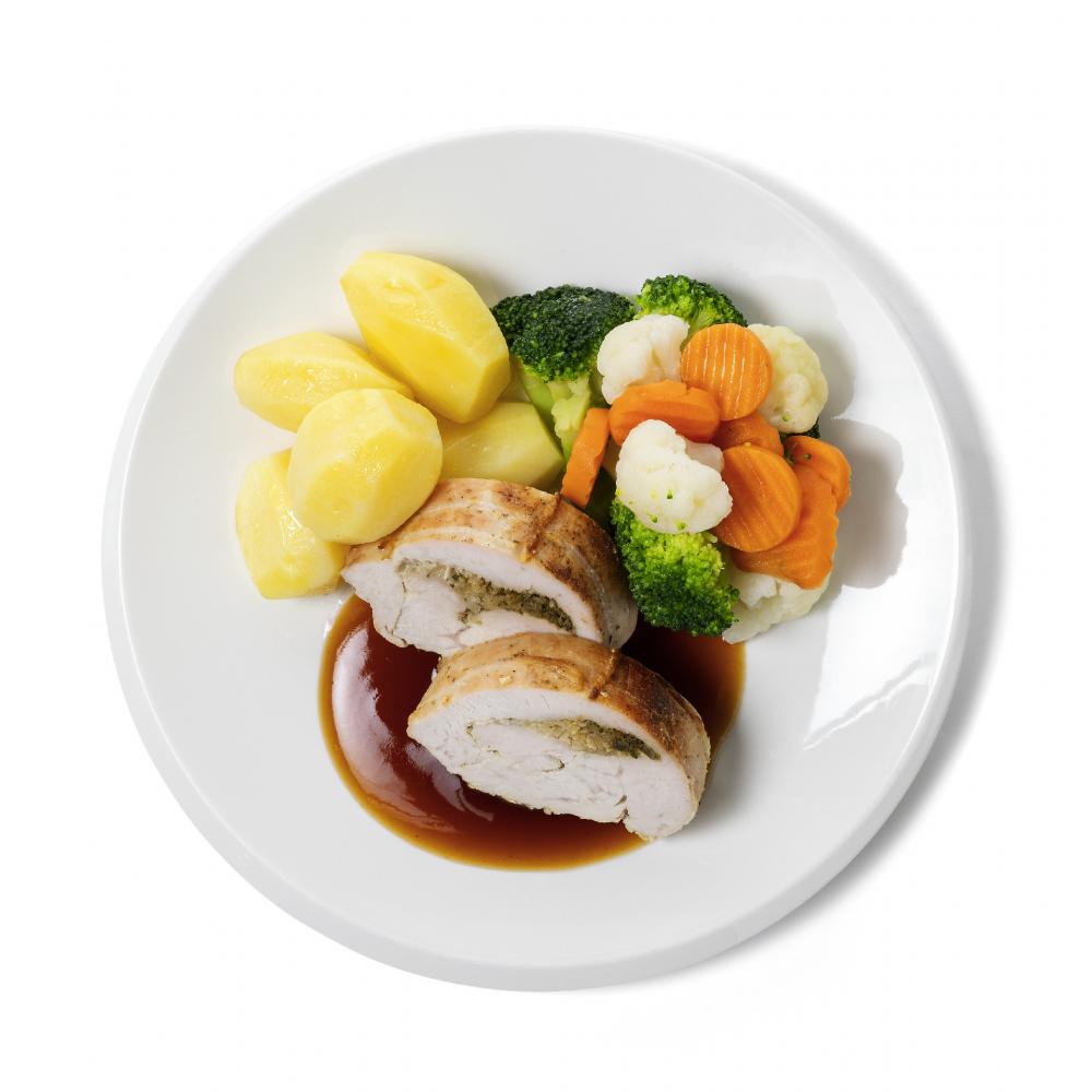 Produktabbildung GLOBUS Tagesgericht Mittwoch: Putenrollbraten mit Bratensauce, dazu Kaisergemüse und Salzkartoffeln