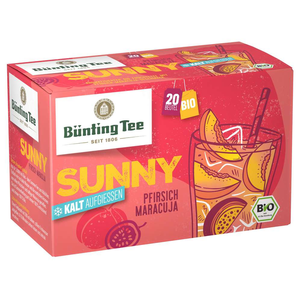 Produktabbildung Bünting Tee Bio Früchtetee Sunny kalt aufgießen, Pfirsich-Maracuja