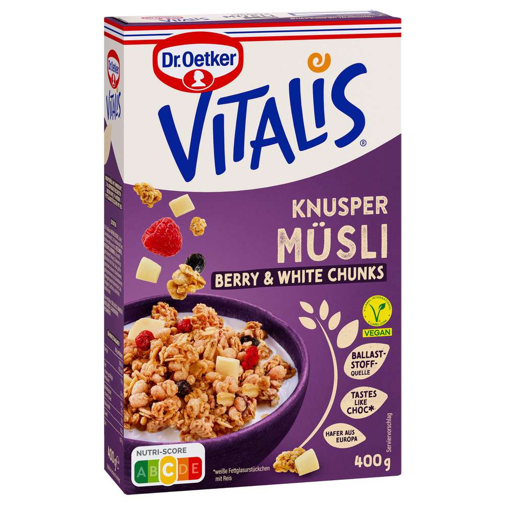 Produktabbildung Dr. Oetker Vitalis Knusper Müsli Vegan, Berry White Choc