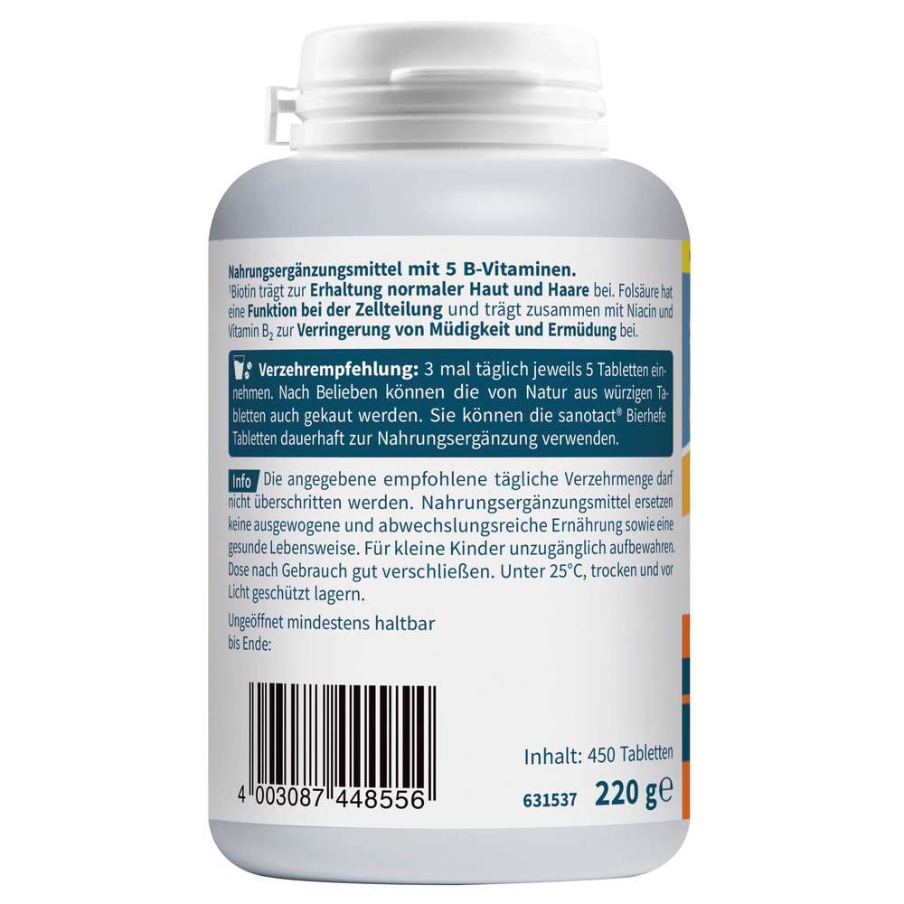 Produktabbildung sanotact Haut + Haare 100% natürliche Bierhefe & Biotin Tabletten
