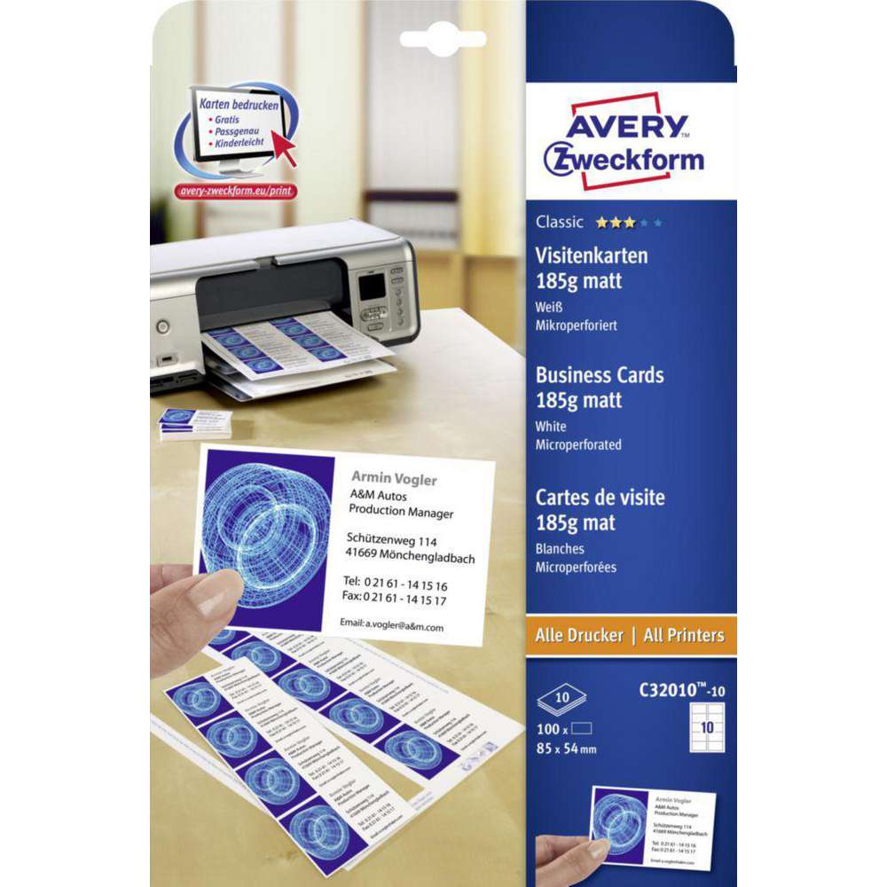 Produktabbildung Avery Zweckform Visitenkarten, 85 x 54 mm, weiß