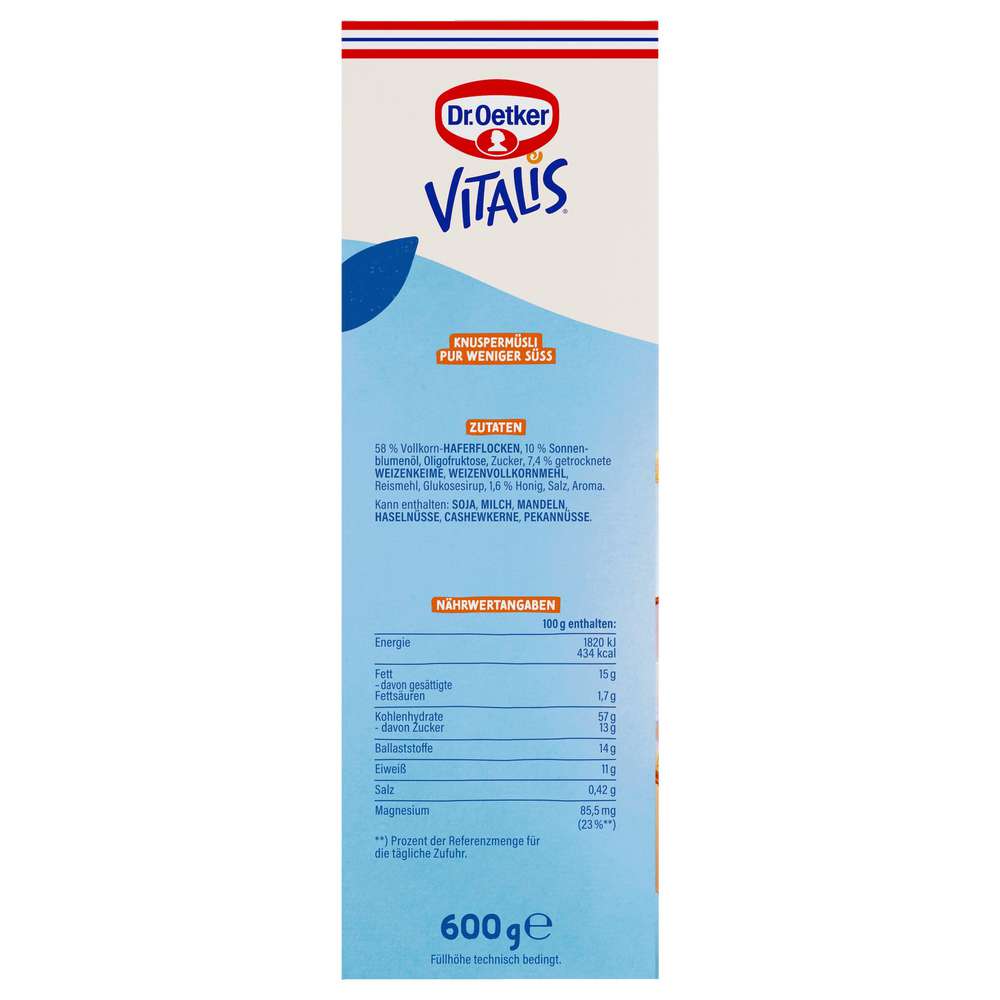 Produktabbildung Dr. Oetker Knusper-Müsli Vitalis, weniger süß, ohne Rosinen