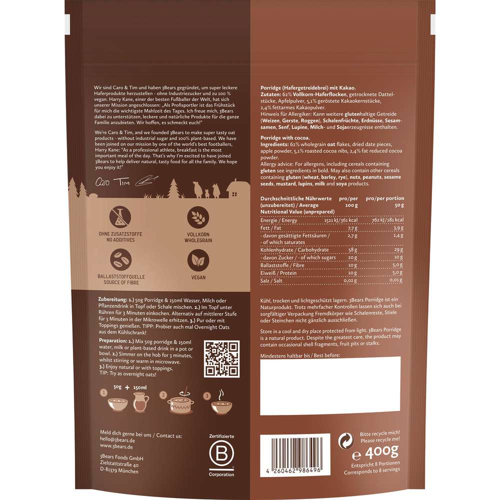 Produktabbildung 3Bears Porridge, Feiner Kakao
