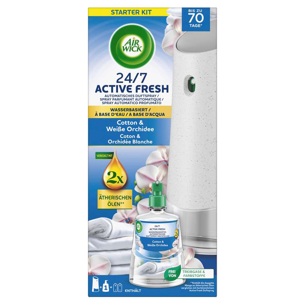 Produktabbildung Air Wick Duftspray 24/7 Active Fresh Starter-Set, Cotton & Weiße Orchidee