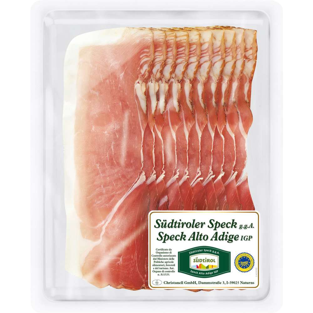 Produktabbildung Chrsitanell Südtiroler Speck, geräuchert und luftgetrocknet