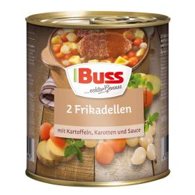 Frikadellen, mit Kartoffeln, Karotten und Sauce