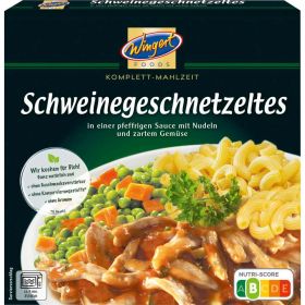Schweinegeschnetzeltes mit Pfeffersoße, Nudeln und Gemüse