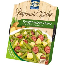 Kartoffel-Bohnen-Pfanne mit gebratener Bierknacker