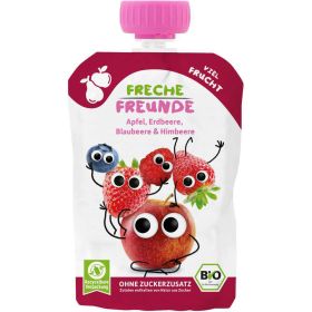 Fruchtmusquetschbeutel "Freche Freunde", Apfel, Erdbeere, Blaubeere & Himbeere