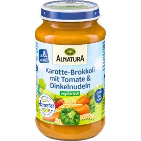 Bio Babynahrung Menü, Karotte/Brokkoli/Tomaten mit Dinkelnudeln