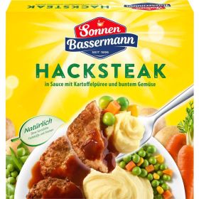 Hacksteak in Sauce mit Kartoffelpüree und buntem Gemüse