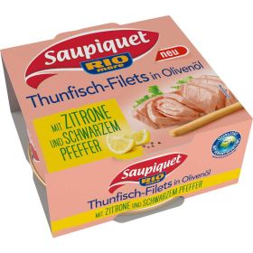 Thunfischfilets, in Olivenöl, mit Zitrone und schwarzem Pfeffer